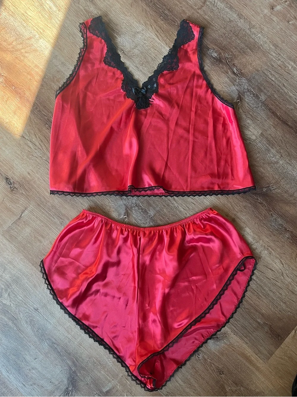 Vintage Inner Most Red Satin Black Lace Lingerie Set Camisole Tap Shorts
